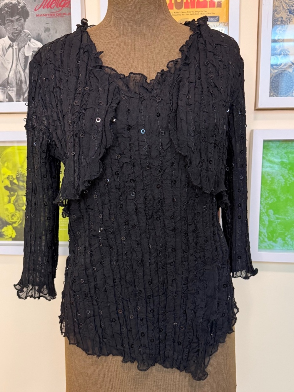 🖤 Y2K Black Ruffled Sheer Sequin Top